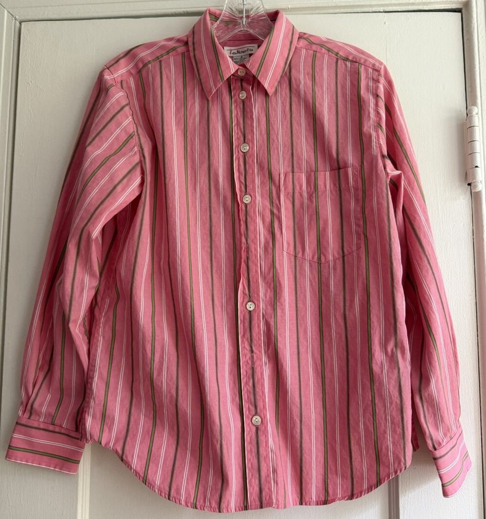Vintage 90s Talbots Shirt Womens 6 Pink Green Striped Cotton Button Up Preppy